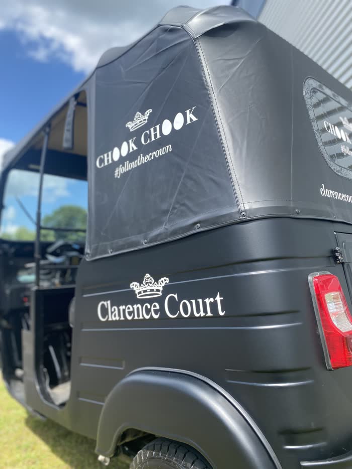Chook Chook and Clarence Court branding on a tuk tuk rear