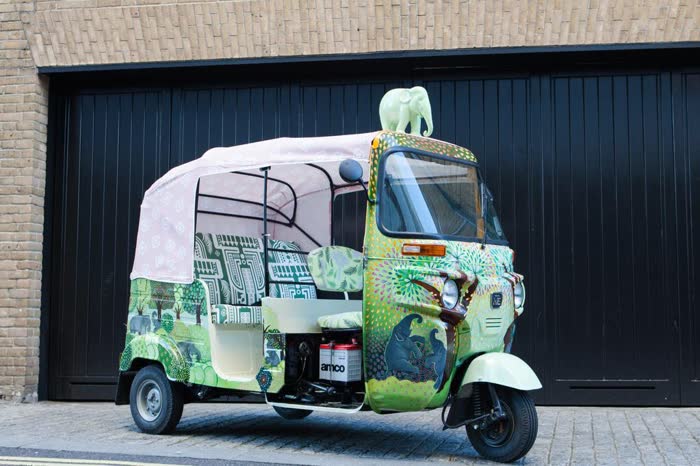 Green wildlife-themed painted tuk tuk